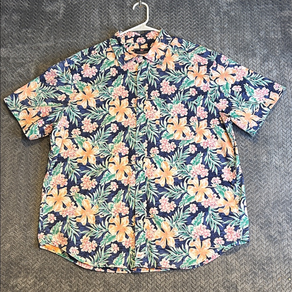 Vineyard Vines Murray Shirt Mens XL Blue Floral Short Slv Button Up